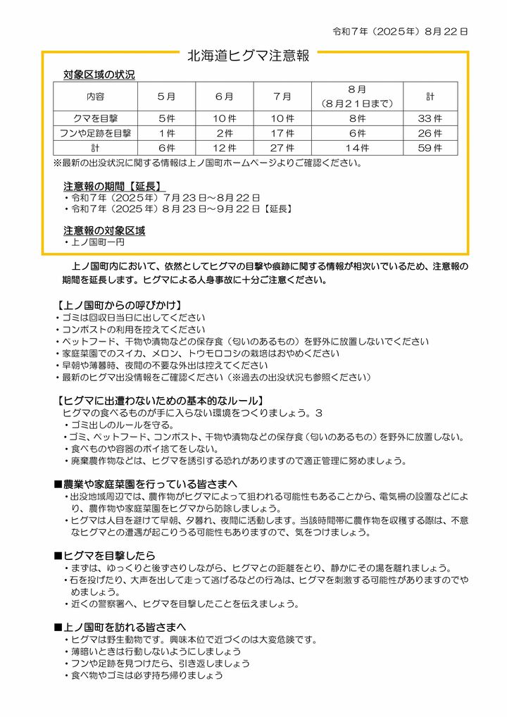 北海道ヒグマ注意報（上ノ国町）