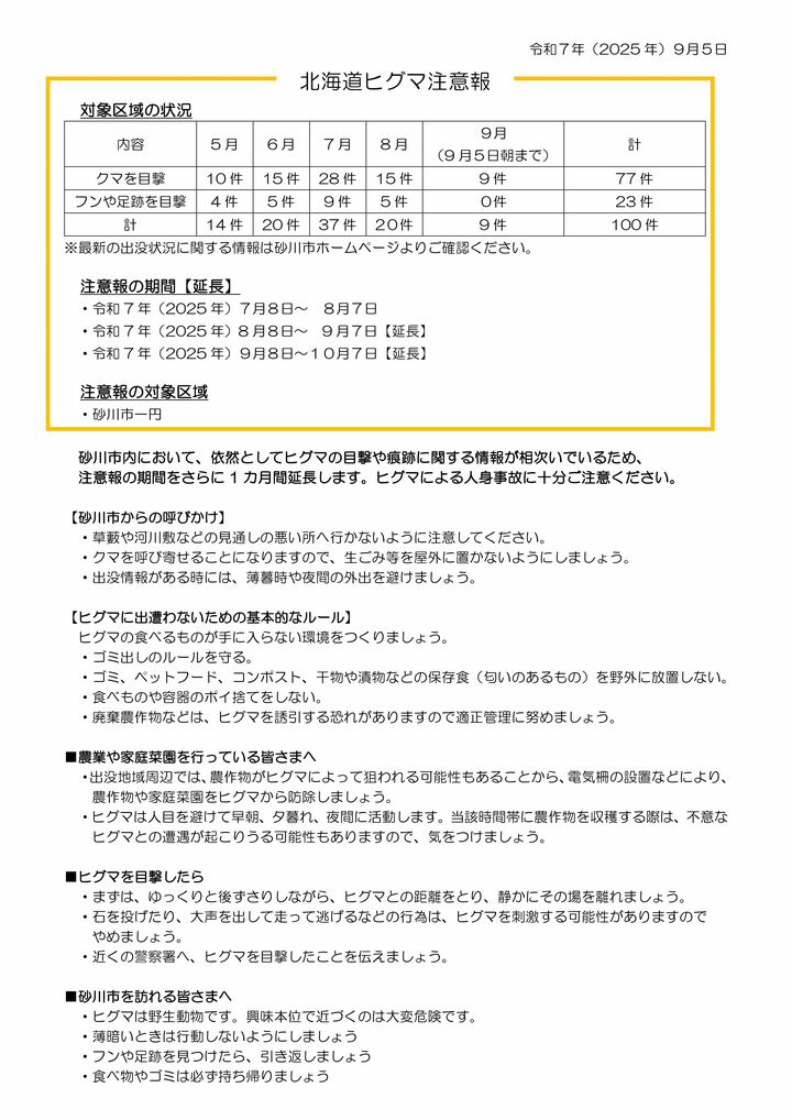 北海道ヒグマ注意報（砂川市）